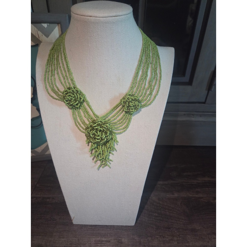 Vintage Green Seed Bead Multi Strand Statement Necklace Floral Rosette Fringe